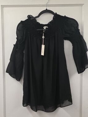 Max Studio Black Sheer Ruffle Blouse Smocked Neck Boho Top XS NWT